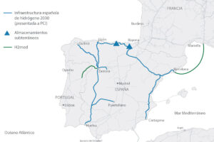 El corredor H2med tendrá capacidad para transportar a Europa hasta 2 millones de toneladas de hidrógeno verde producido en España y Portugal. Gráfico: Enagás.