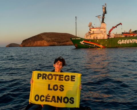 Alba Flores, premiada con el Rayo Verde, en su participación de una acción de protesta de Greenpeace. Foto: prensa Greenpeace.