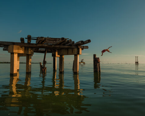 PARAÍSO PERDIDO. Cabimas, Venezuela. Yon Medina se sumerge desde una estructura petrolera abandonada en el lago de Maracaibo, cubierta de floraciones de algas. ©Adriana Loureiro Fernandez
